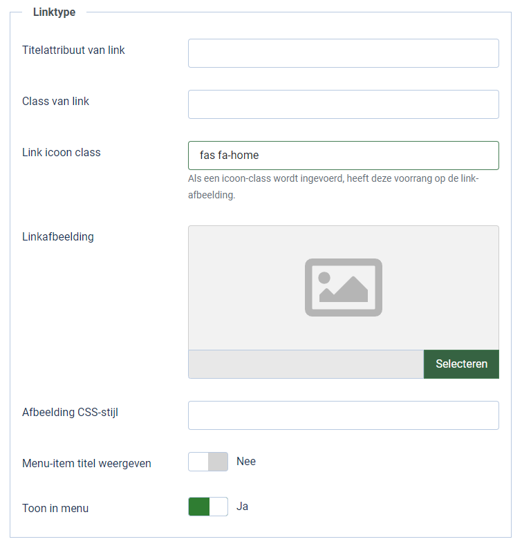 joomla41 menu iconen optie