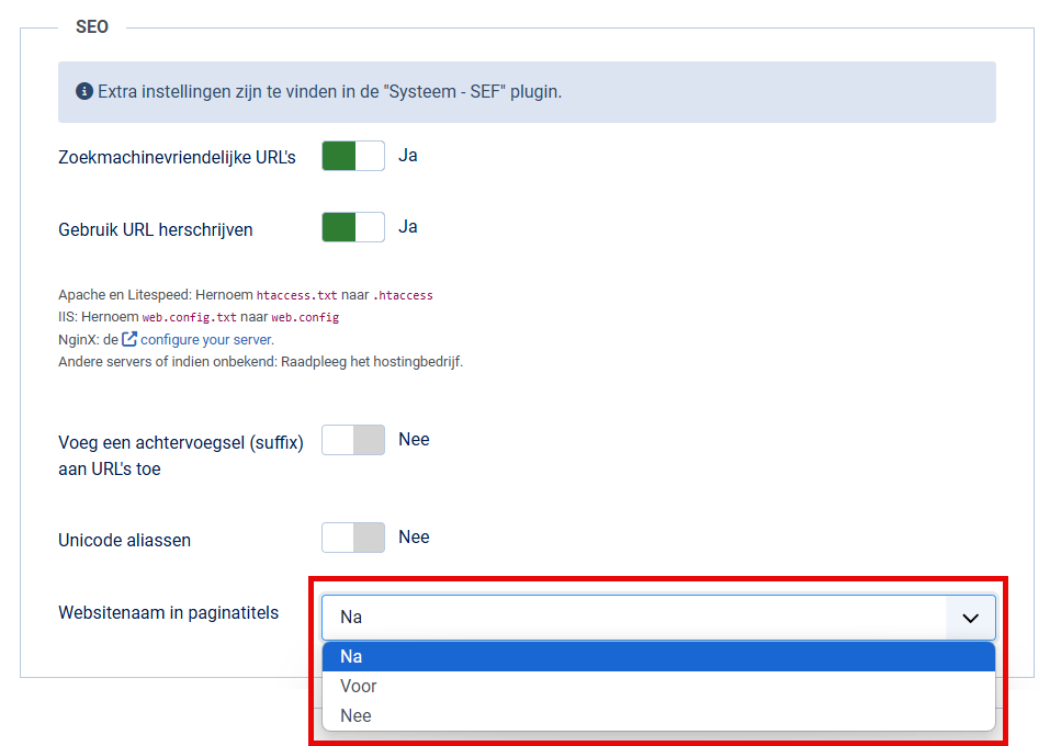 websitenaam in paginatitels