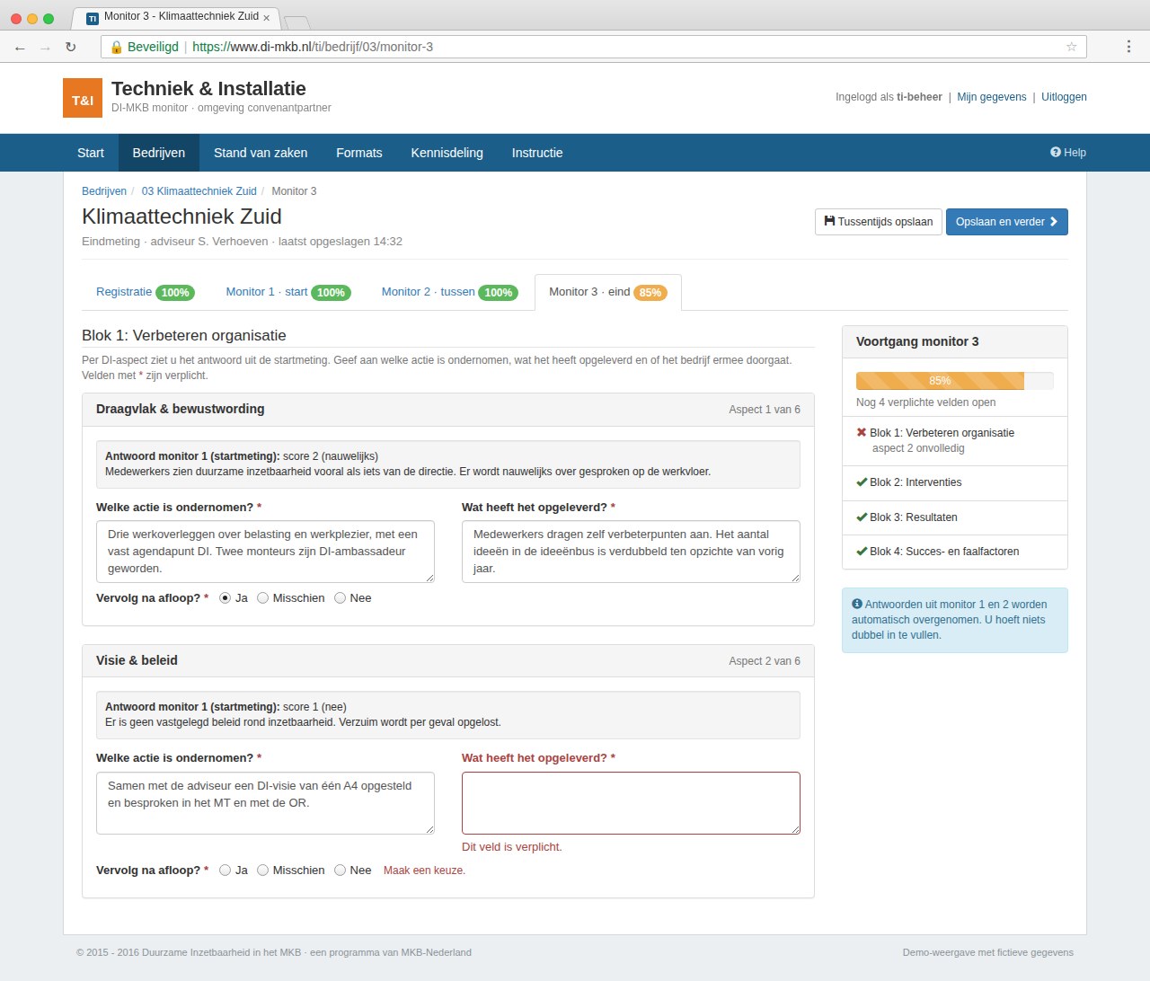 Eindmeting in de DI-MKB monitor met het antwoord uit de startmeting en verplichte velden per DI-aspect