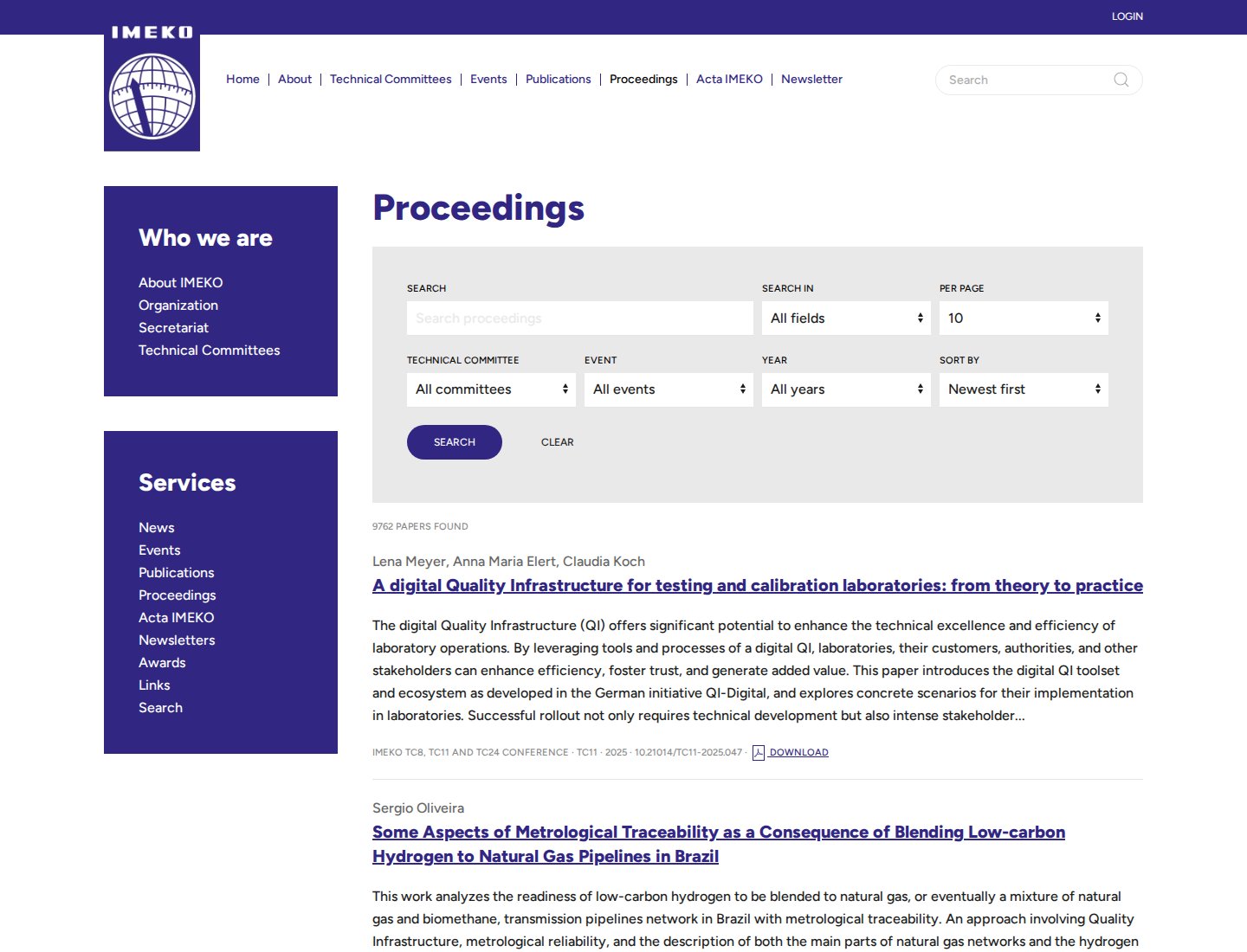 Zoekpagina voor proceedings op imeko.org met filters op Technical Committee, congres en jaar en 9.762 gevonden papers