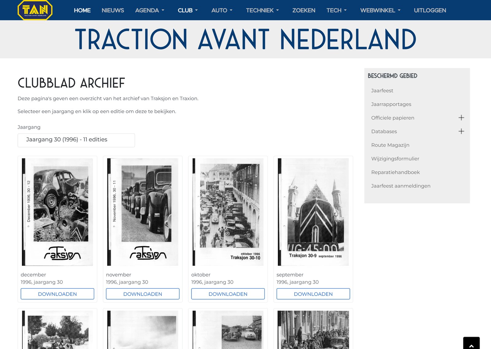 Clubblad-archief op traction-avant.nl met een keuzelijst per jaargang en downloadknoppen per editie