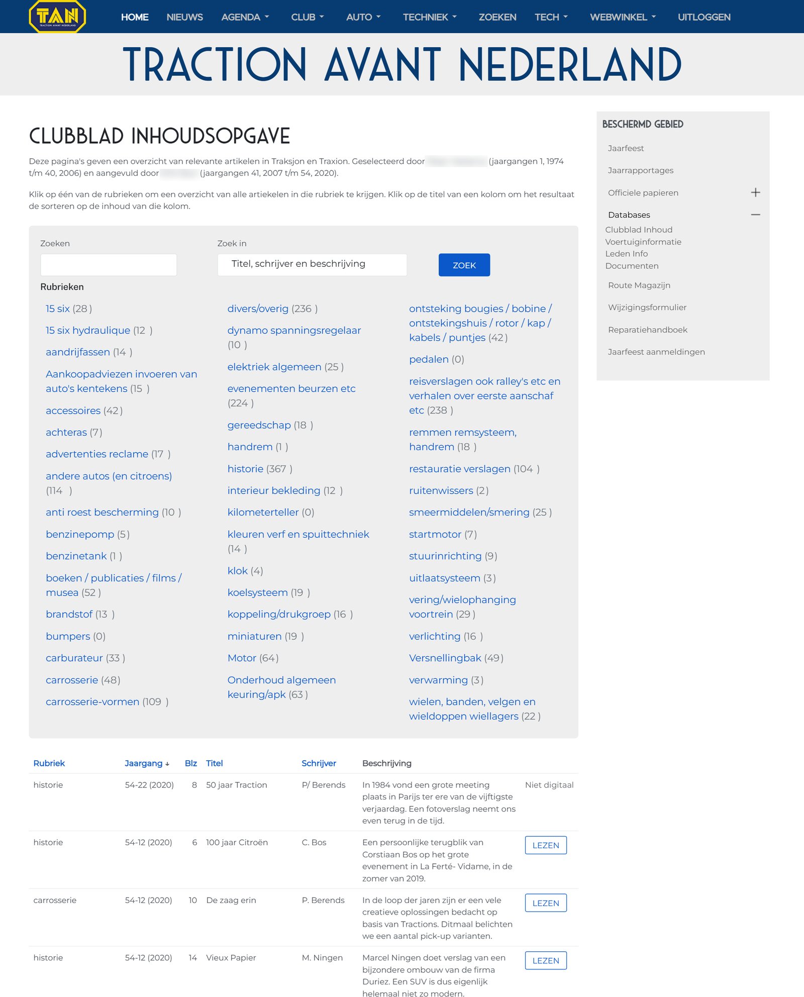 Doorzoekbare artikelindex van het clubblad met rubrieken, sorteerbare kolommen en een leesknop per artikel
