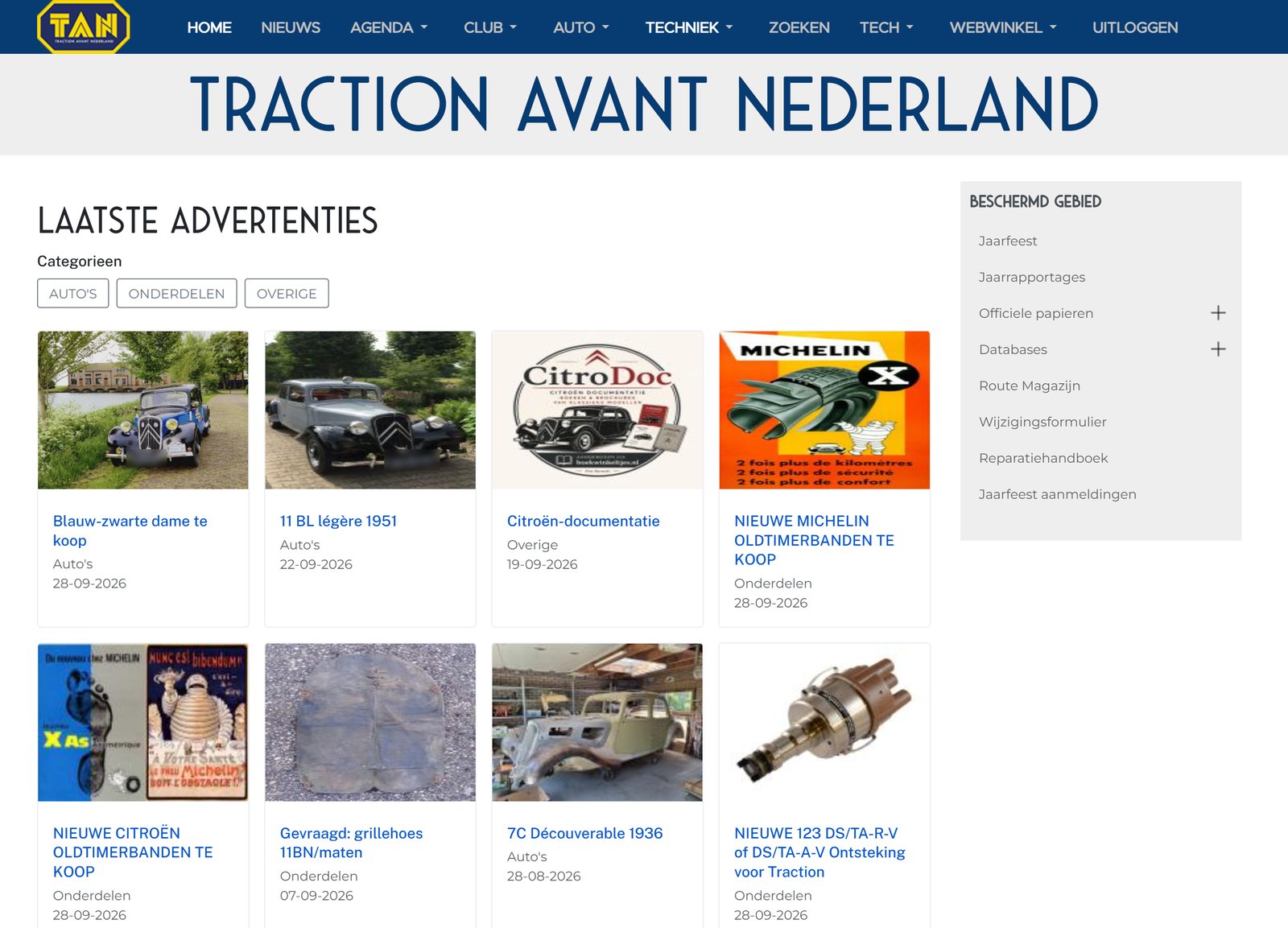 Advertentieoverzicht voor leden van Traction Avant Nederland met filters voor auto's, onderdelen en overige